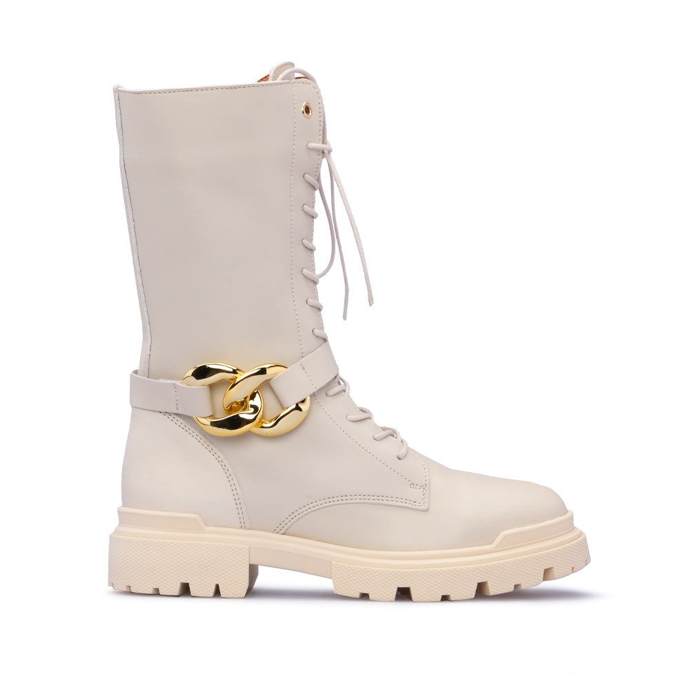 Bota Salto Raso Mulher Pele Bege
