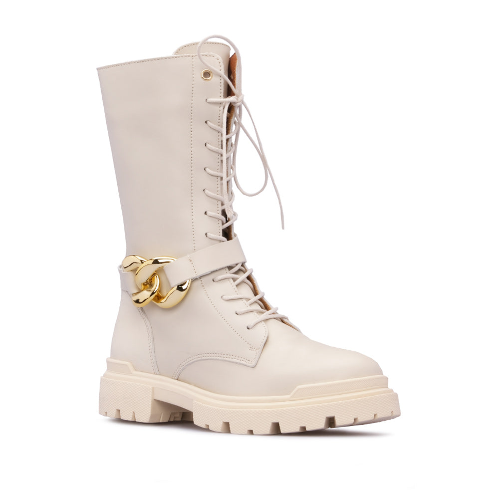 Bota Salto Raso Mulher Pele Bege