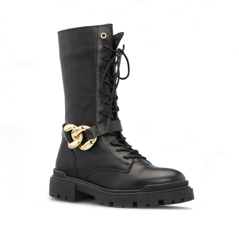 Bota Salto Raso Mulher Pele Preto