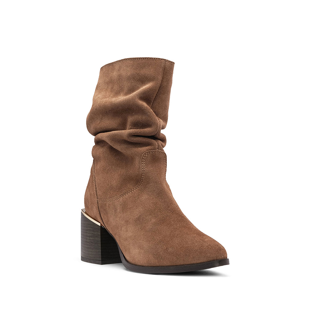 Bota Salto Médio Mulher Camurça Taupe