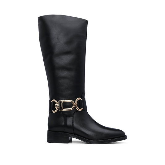 Bota Salto Raso Mulher Pele Preto