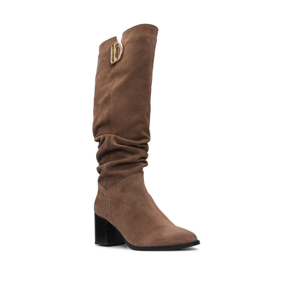 Bota Salto Médio Mulher Camurça Camel