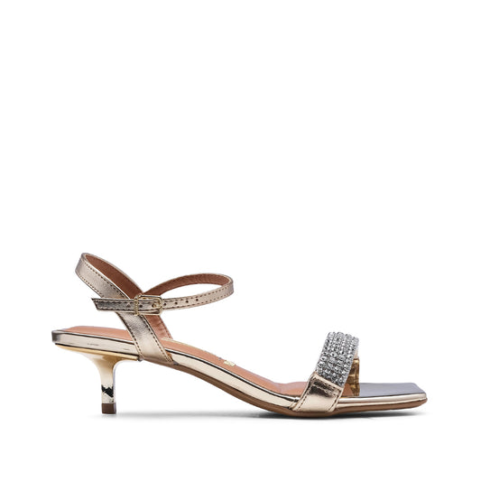 Sandália Salto Médio Mulher Metalizado Dourado