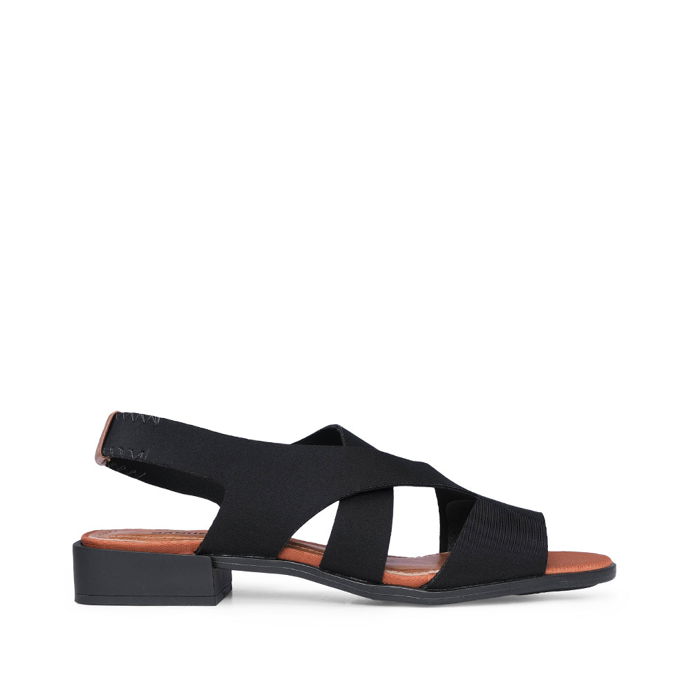 Sandália Salto Raso Mulher Têxtil com Tiras Elásticas Preto
