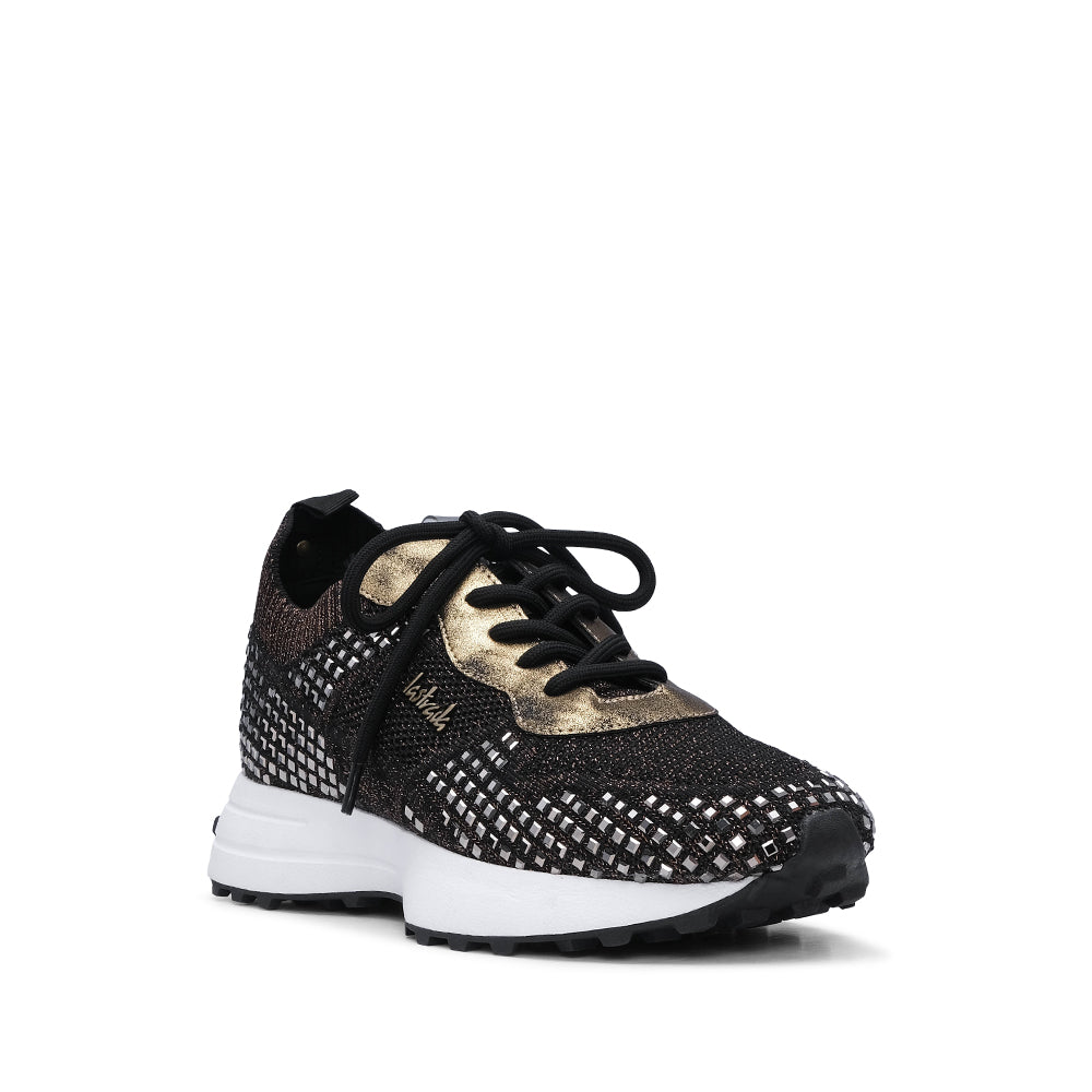 Sapatilha Casual Mulher Têxtil Preto E Dourado