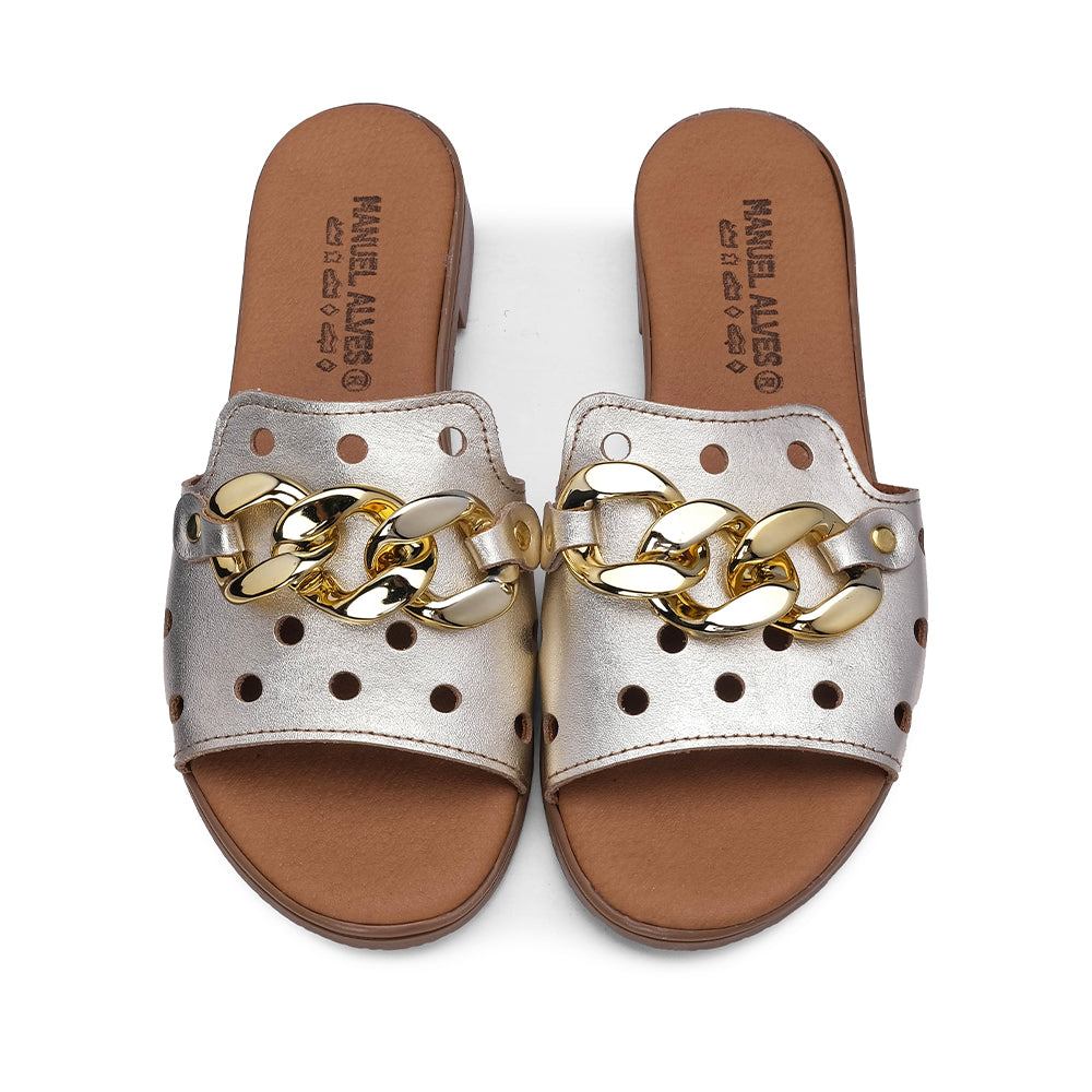 Chinelo Casual de Mulher Com Aplicação Metálica Dourado
