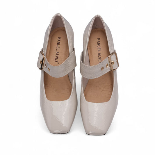 Sapato Mary Jane Mulher Verniz Bege