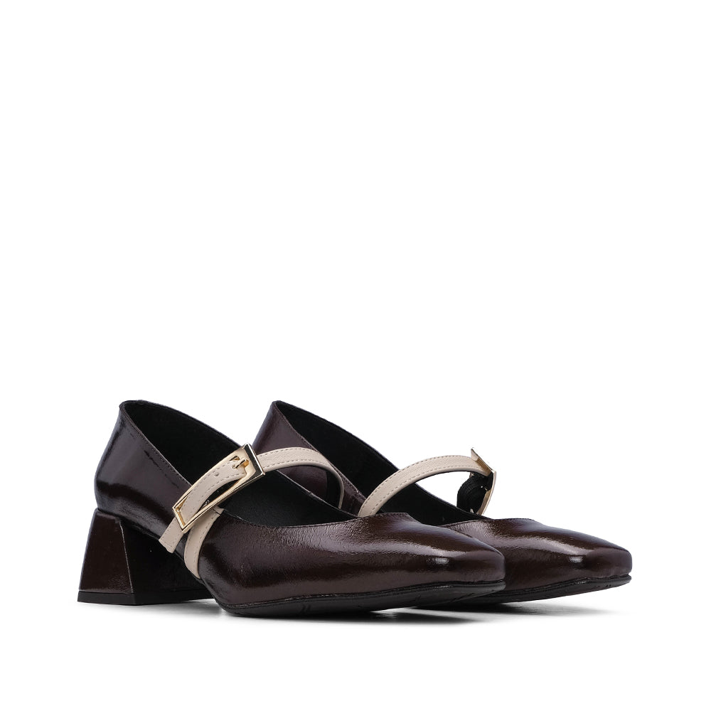 Sapato Mary Jane Mulher Verniz Castanho