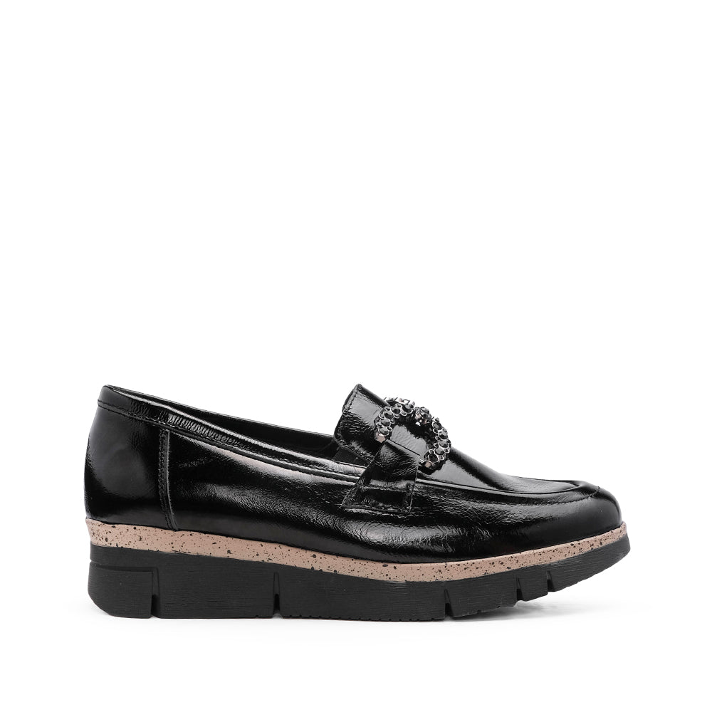 Sapato Salto Cunha Mulher Verniz Preto