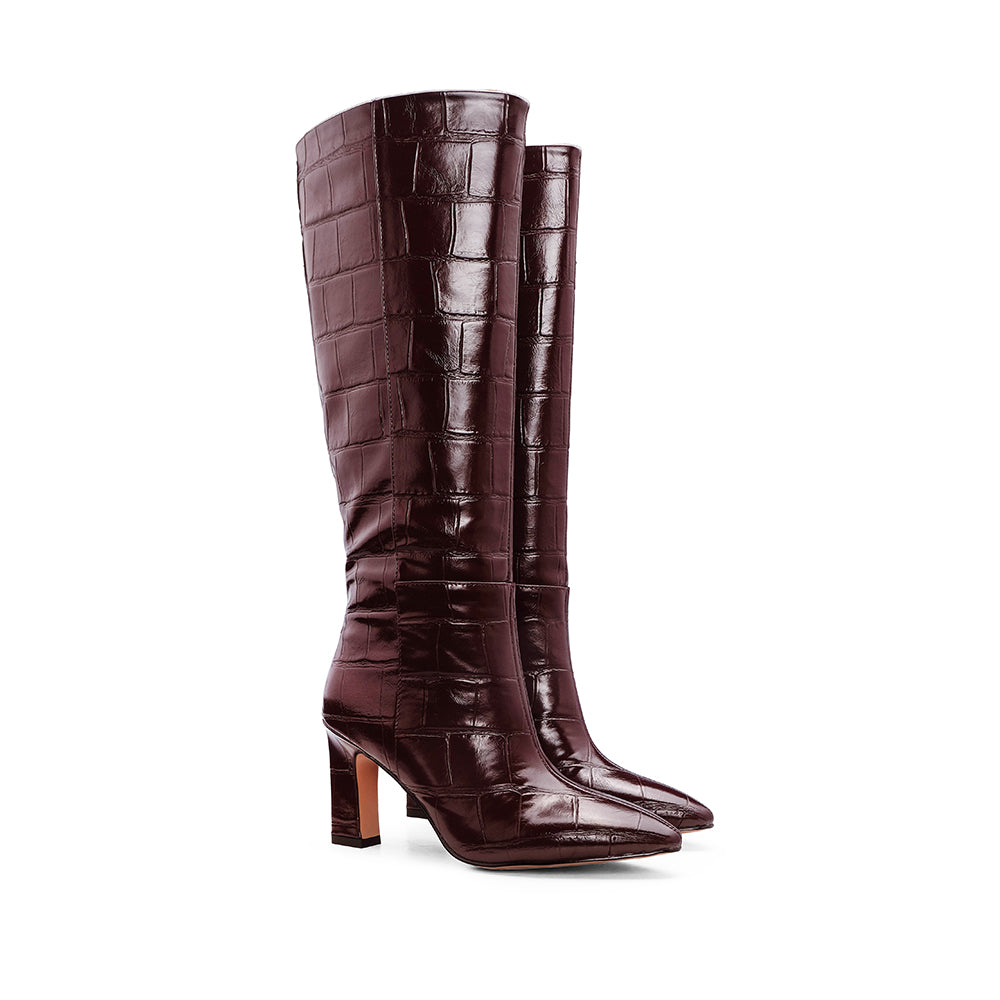 Bota Cano Alto Mulher Animal Print Bordeaux
