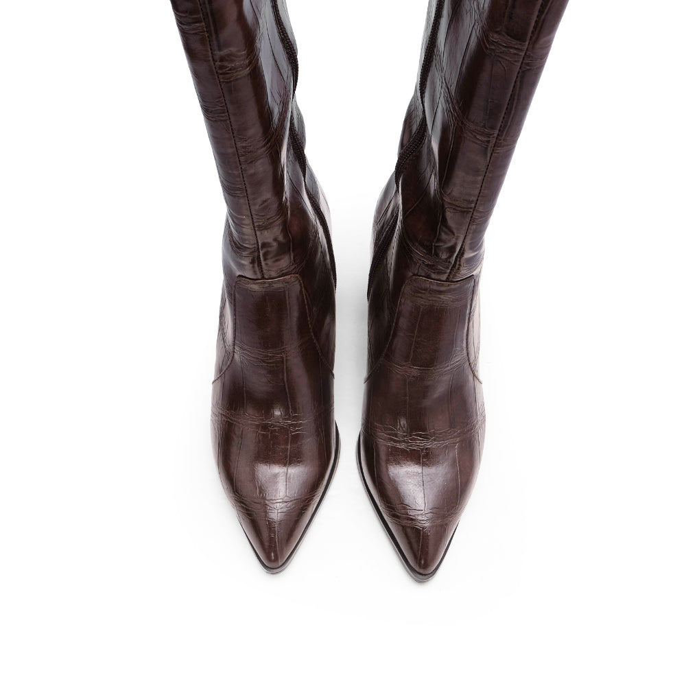 Bota Cano Alto Mulher Animal Print Castanho