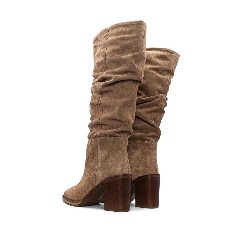 Bota Cano Alto Mulher Camurça Taupe