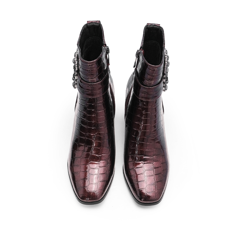 Botim Salto Médio Mulher Animal Print Bordeaux