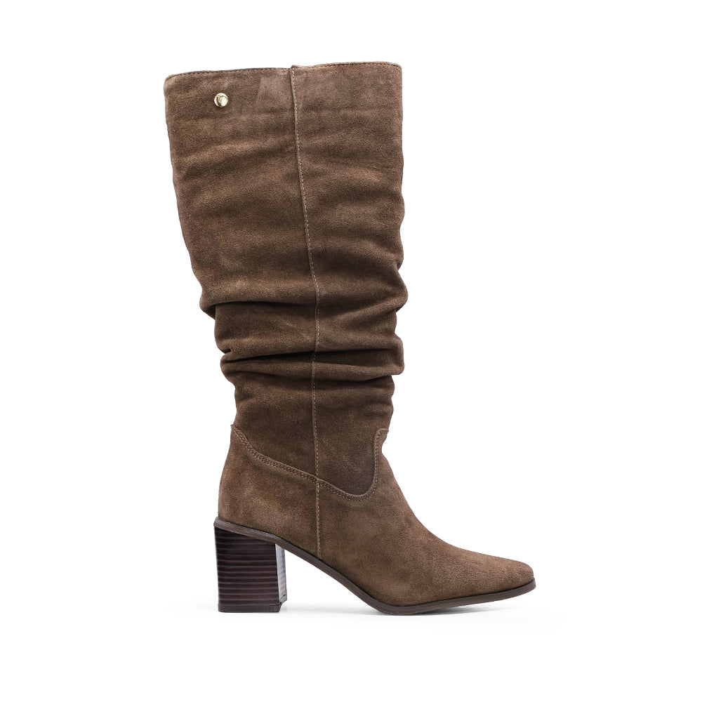 Bota Cano Alto Mulher Camurça Taupe