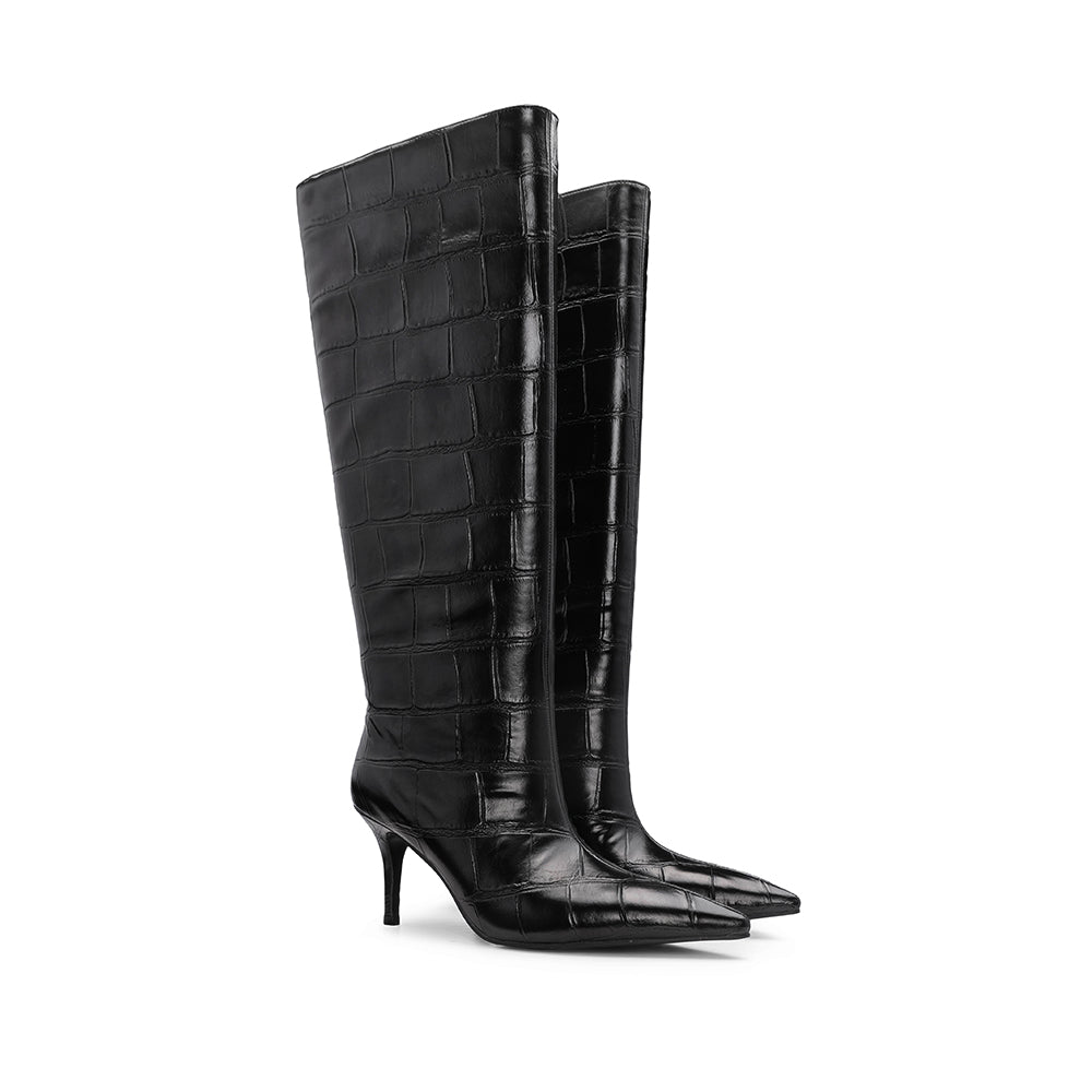 Bota Cano Alto Mulher Animal Print Preto