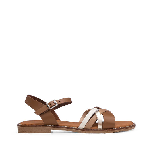Sandália Salto Raso Mulher Pele Camel