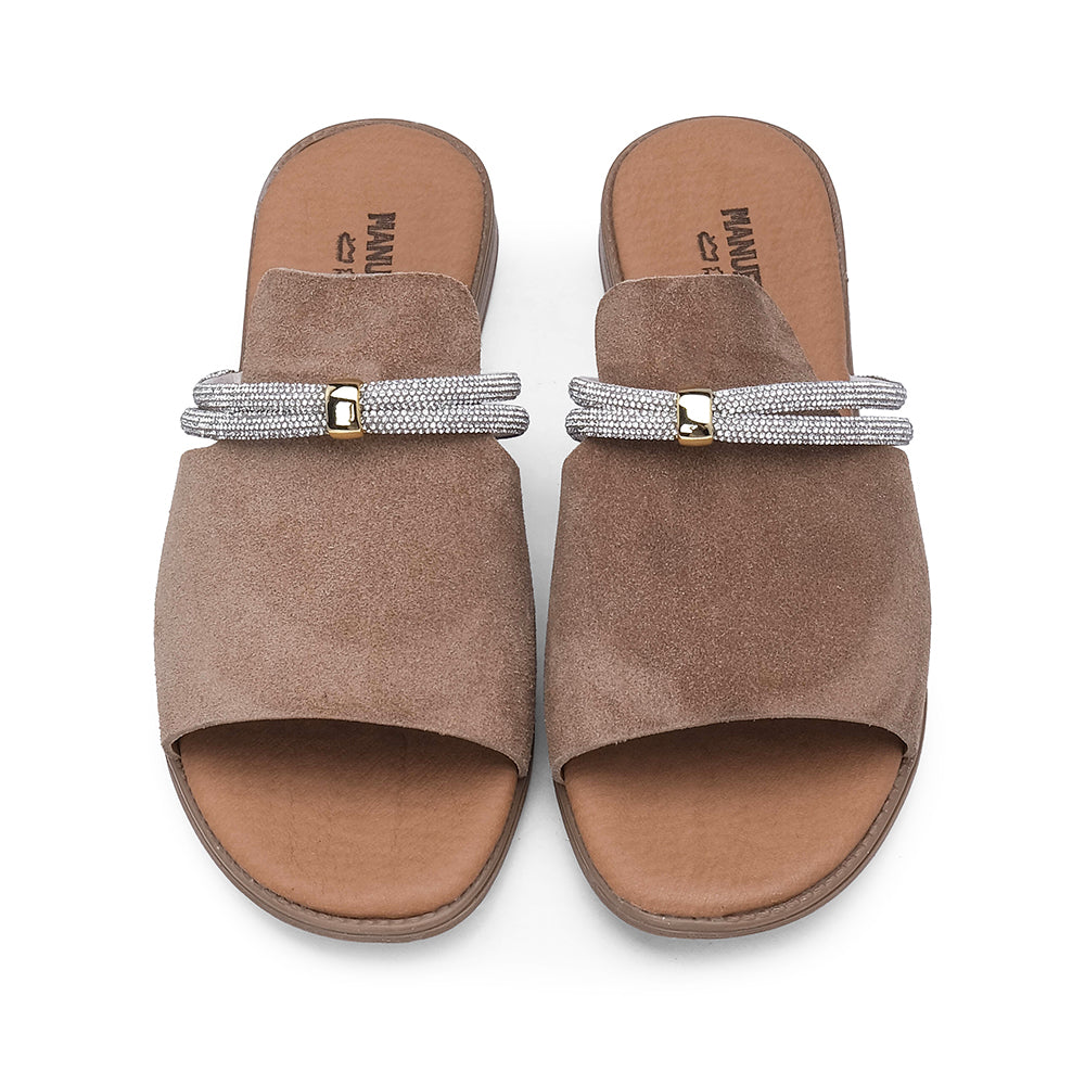 Chinelo Com Glitter Casual Mulher Camurça Taupe